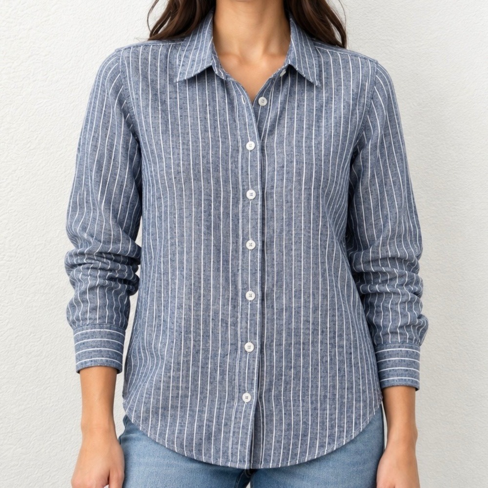 Quince 100% European Linen Striped Button Down Shirt Blue White Small
